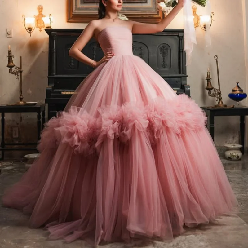 

Customized simple Pink Quinceanera Dresses Off the Shoulder Tull crystal layering applique Lace ruffle Vestido De 15 Quinceanera