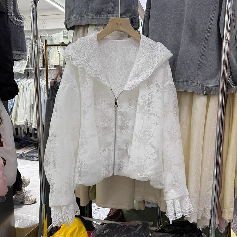 2025 Spring/Summer New Hooded Lace Hollow Short Coat for Women Sweet and Stylish Versatile Zipper Sunscreen Top