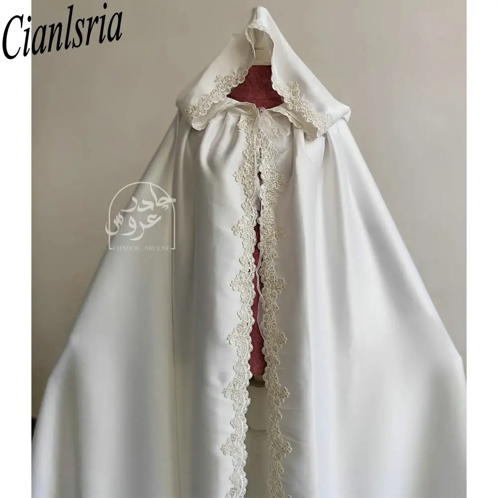 Elegant Satin Wedding Cape Appliques Lace Floor Length Bridal Cloak Elegant Fashion Bridal Jacket With Hood