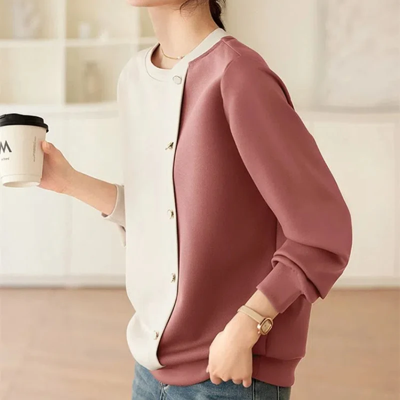 Color Blocked Patchwork Casual 2024 Spring New Women\'s Long Sleeved Simple Commuting Irregular Color Blocked Round Neck Tops