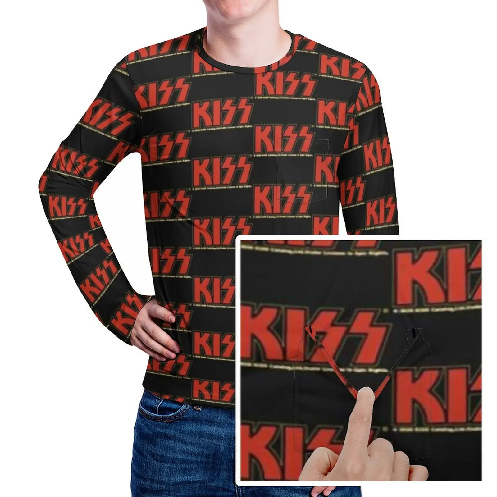 Kiss Band Logo T Shirt With Pocket Kiss Fan Art Fashion T Shirts Male Streetwear Tee Shirt Long Sleeve Clothes Large Size 5XL