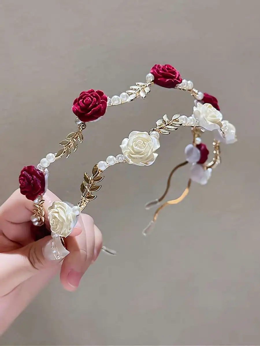 

Обруч для волос с жемчужными розами, французская ретро-повязка для женщин, свадебный аксессуар для невесты