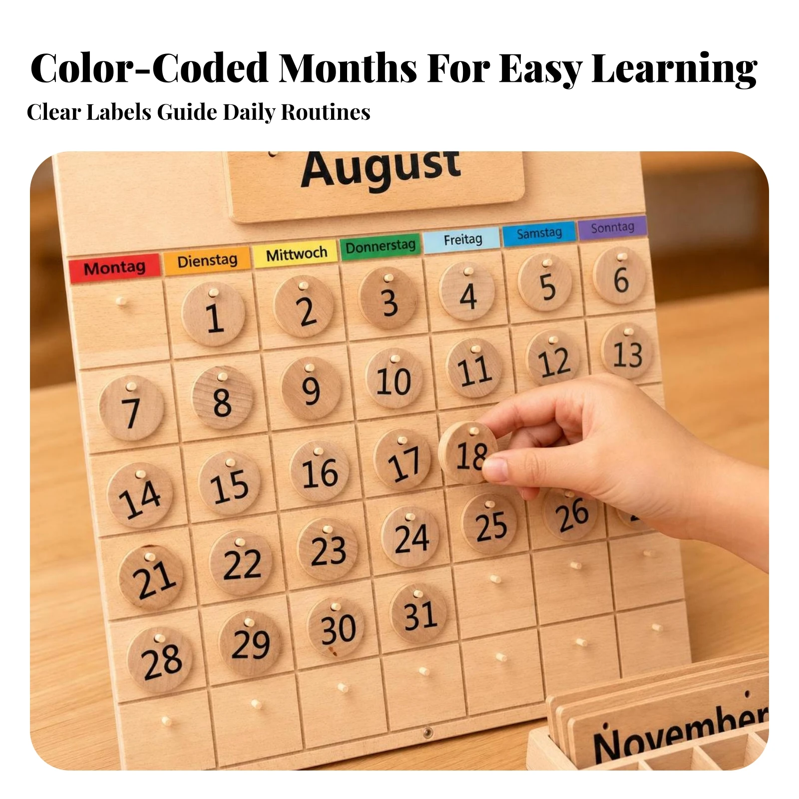 Wooden Calendar with Organizer Tray Non-Electric Wooden Perpetual Calendar Toy Large Decorative for Children, Classroom