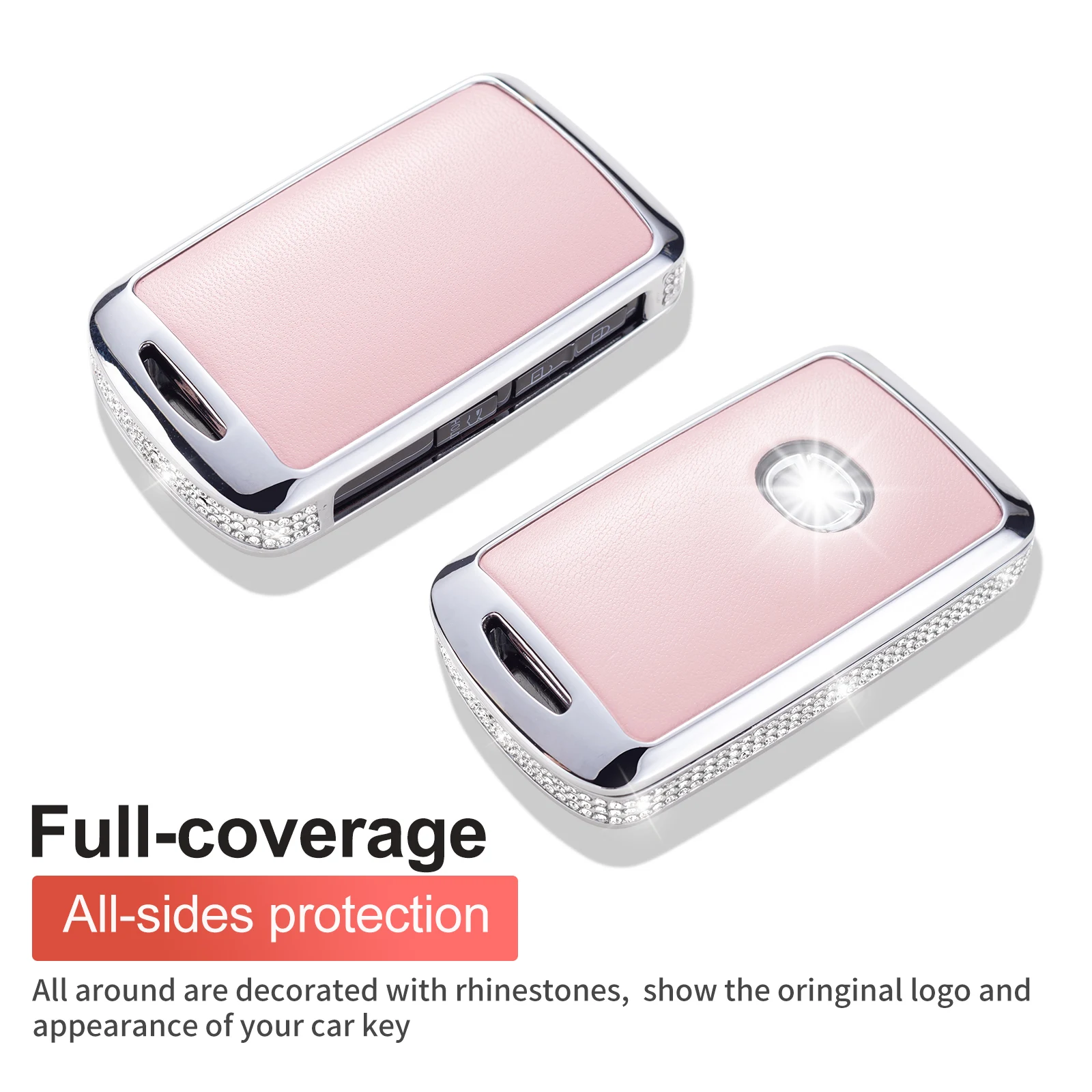 Key Fob Cover Compatible with Mazda, Pink Leather Crystal 360 Degree Protection Key Shell Case for 2019-2022 Mazda 3, Mazda 3 H