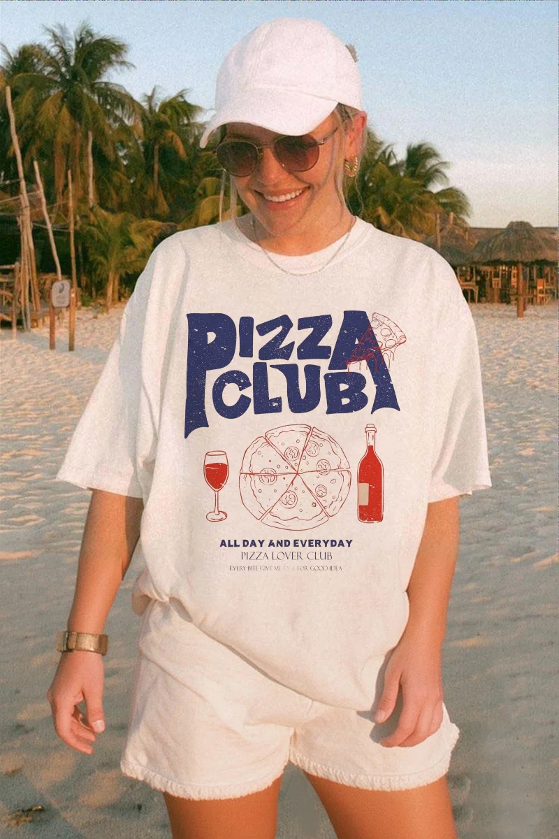 

Pattern Pizza Club Printed Women's T-Shirt Casual Style Top O-Neck Basic Short Sleeve Summer New Fashionable Versatile T-Shirt