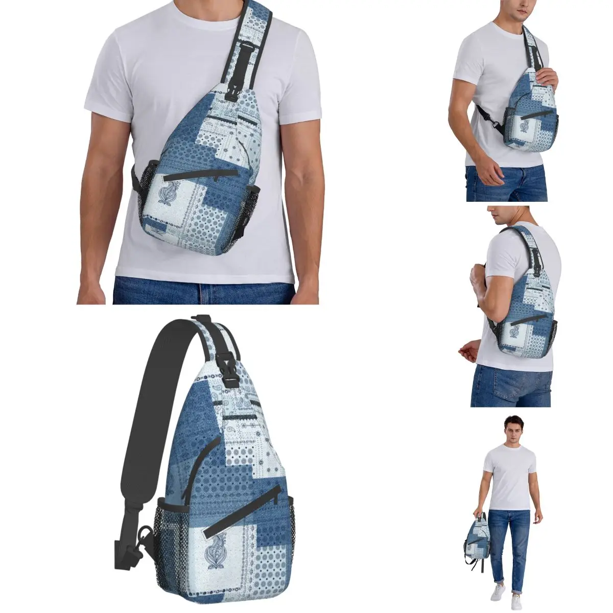 Denim Patchwork Paisley Sling Bags Chest Crossbody Shoulder Sling Backpack Outdoor Hiking Daypacks Pattern Bag