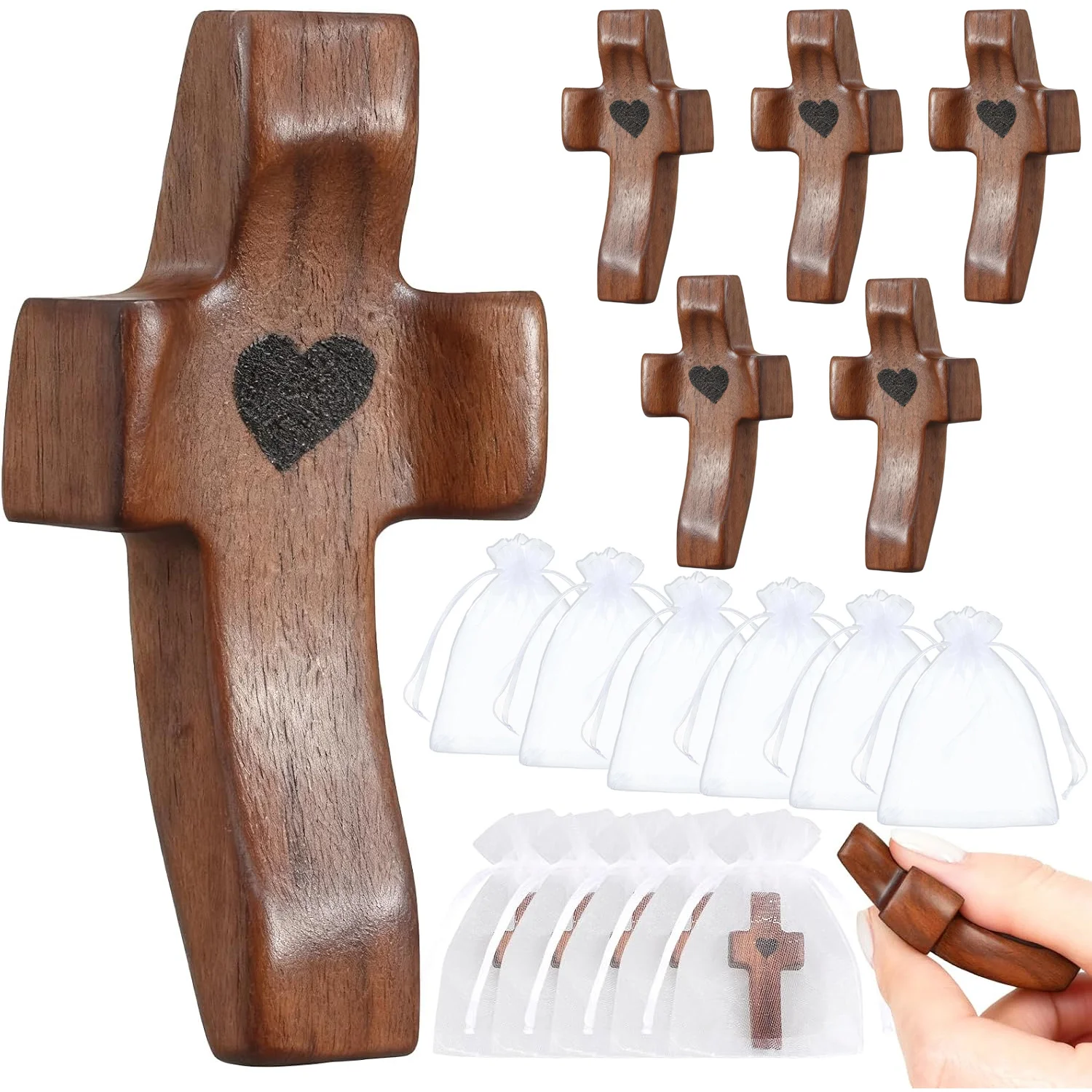 Croix en bois anti-stress avec sacs en organza, Croix de poche « Cross My Heart », Cadeau d'encouragement, Croix de prière, Soulagement du stress, Cadeaux de foi chrétienne
