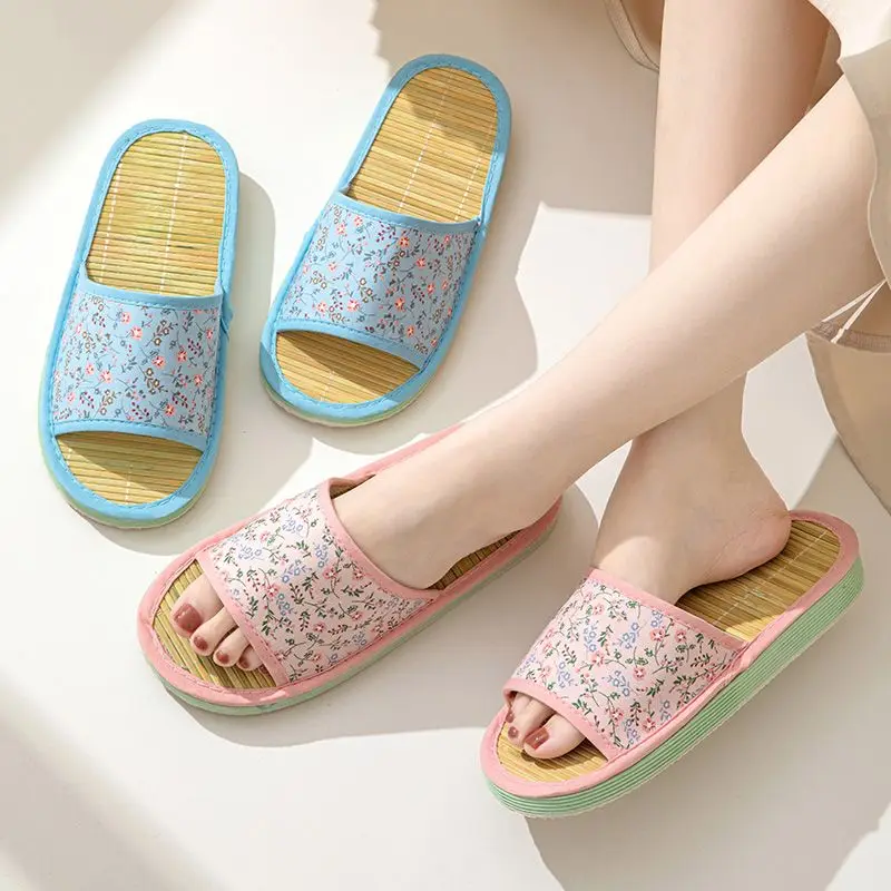 Summer Slippers Home Bamboo Mat Bottom Sandals Floor Shoes for Women Rattan Grass EVA Bottom Elastic Slides zapatos de mujer