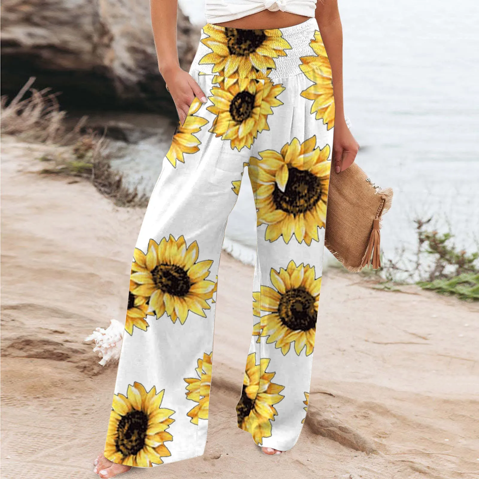 Sunflower Print Pants Long Wilde Trousers Smocked Vintage Beach Wide-Leg Women Bohemian Elastic-Waist Pants Lady Wear Pantalon