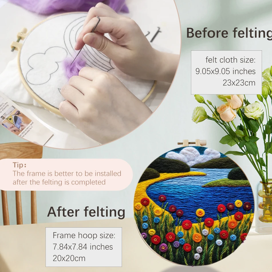 Landscape Pattern Diy Wool Felting Painting With Embroidery Frame Diy Felt Kit Needle Felt Wool Painting Kit For Home Decoration