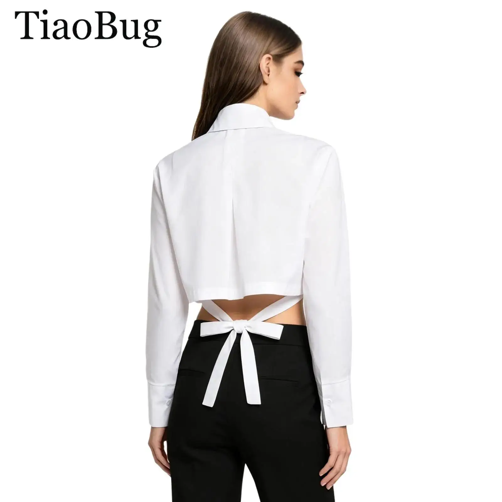 

Women Cropped White Shirts Lapel Front Button Back Lace Up Design Blouse Office Work Vintage Long Sleeve Lady Elegant Crop