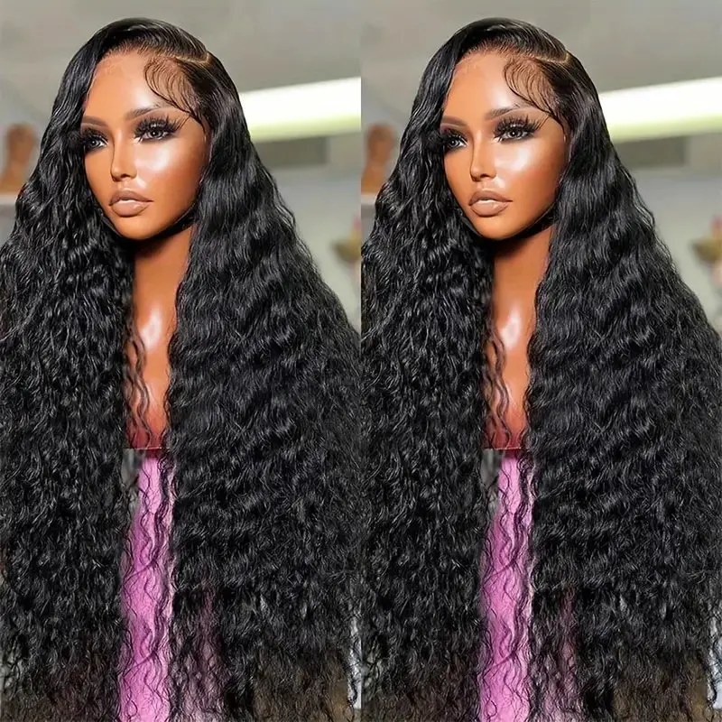 5x5 Glueless 13x6 Lace Front 38 Inches 150% Curly Natural Black Deep Wave Frontal Full Wig For Women Human Hair Wigs