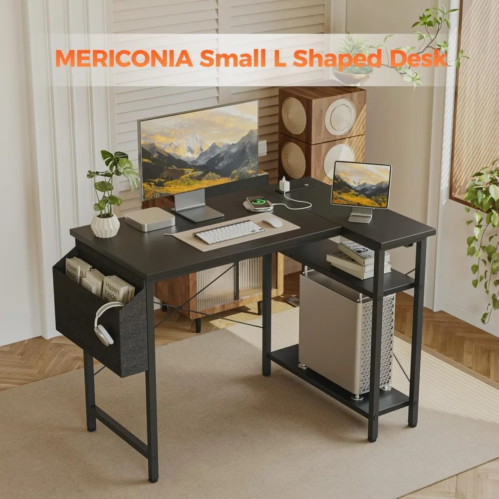 Compact Corner Gaming Desk with Power Outlets and Reversible Storage Shelves for Small Spaces and Enhanced Study Setup