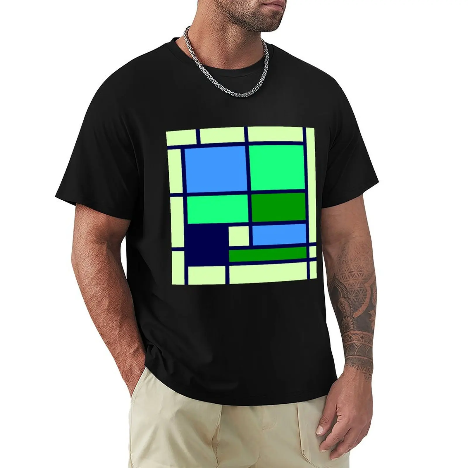 

Mondrian style design blue green T-Shirt Outdoor Sports Short Sleeve Top