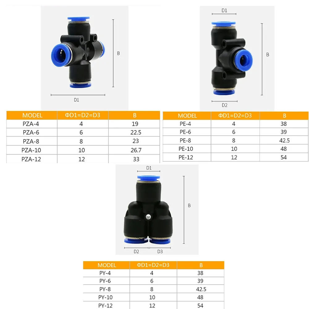 PU Pneumatic Pipe Fittings, pneumatic accessories, 4mm, 6mm, 8mm, 10mm, 12mm, 14mm exhaust pipe fittings, PE, PZA,PY fittings