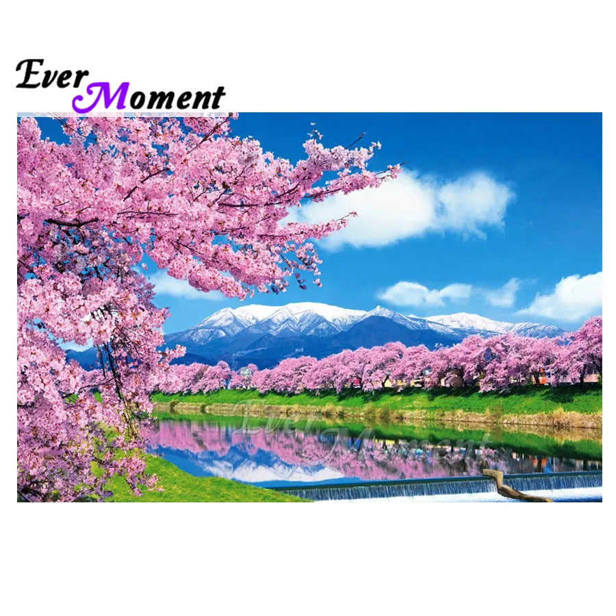 

Ever Moment Diamond Painting Pink Flower Landscape Lake Artwork 5D DIY Mosaic Full Square Diamond Embroidery Handmade ASF1727