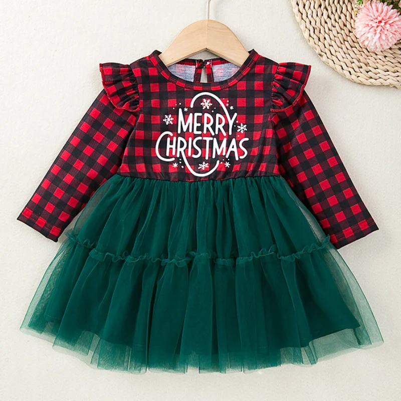 Christmas Girls' New Checkered Letter Printed Flying Sleeve Mesh Patchwork Sweet and Cute Holiday Party Princess Dress