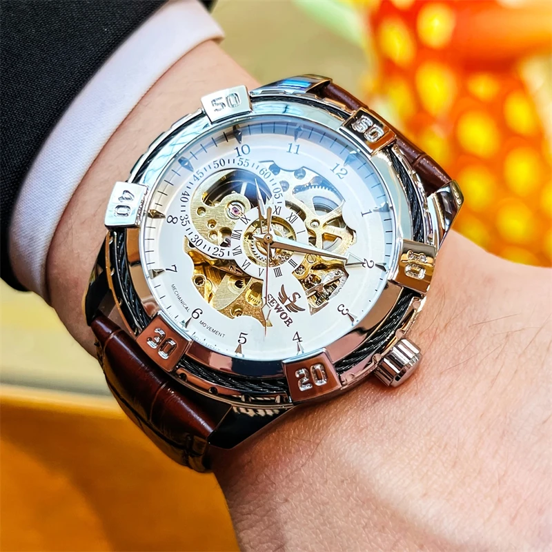 ساعة ميكانيكية أوتوماتيكية للرجال على الطراز الأوروبي والأمريكي والياباني والكوري هيكل عظمي توربيون، مع ميزات مضيئة، تصميم هيكل عظمي، ساعة رجال اجتماعية عصرية فاخرة للأعمال، أفضل هدية له