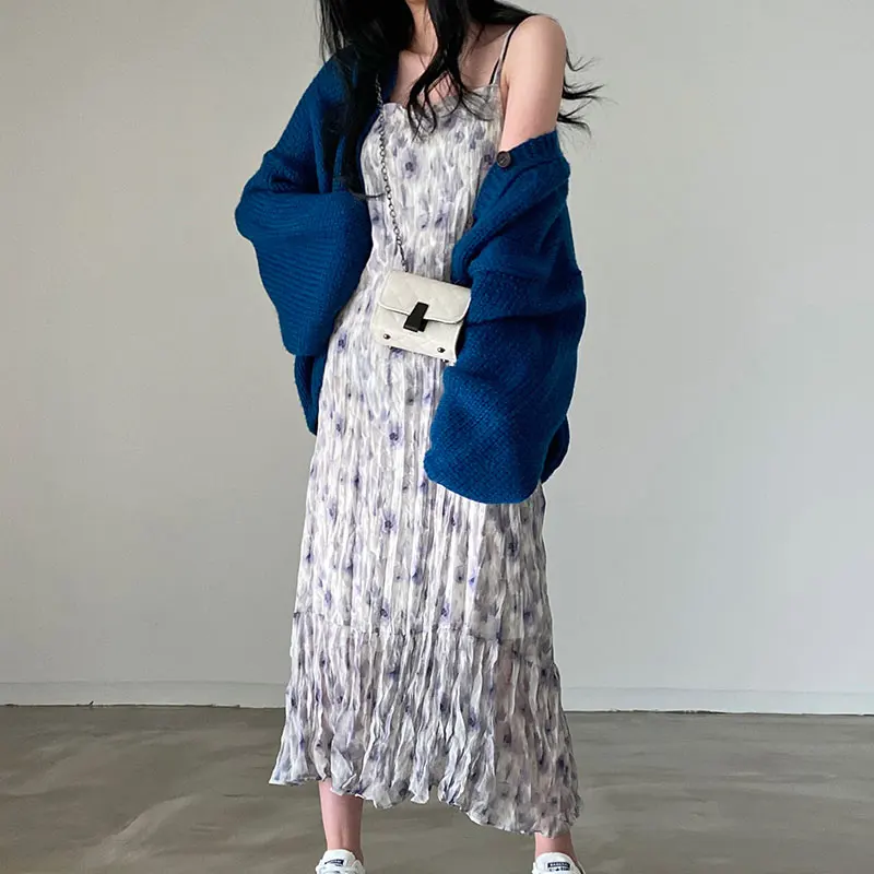 シックなサマードレス スクエアカラー ノースリーブ プリーツ ウォーターインクプリント レースヘムライン ラップスタイル ハイウエスト ロングドレス 韓国スタイル