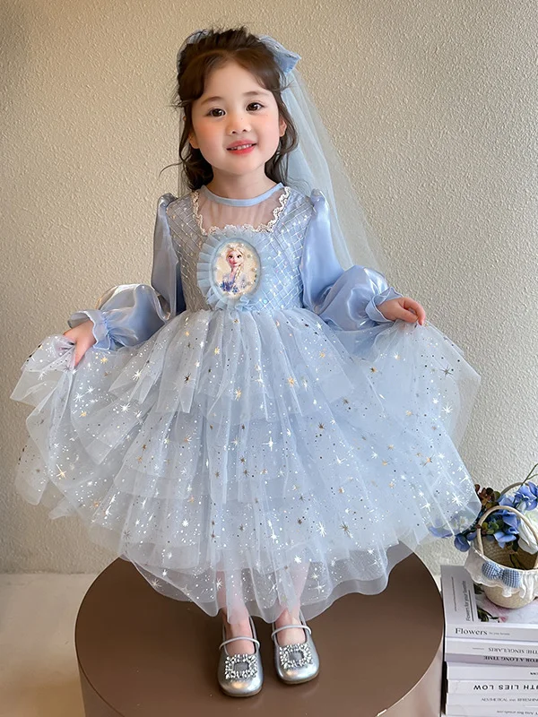 

Платье-миди для девочек на день рождения, с длинными рукавами-фонариками, круглым вырезом, для детских праздников