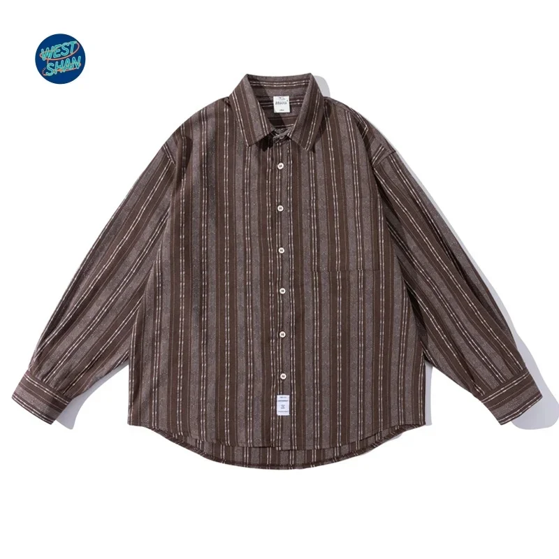WESTSHAN EU US Size High Quality Luxury Vintage Shirt Men Casual Stylish Travel Street Camp Long Sleeve Button-Up Striped Shirts