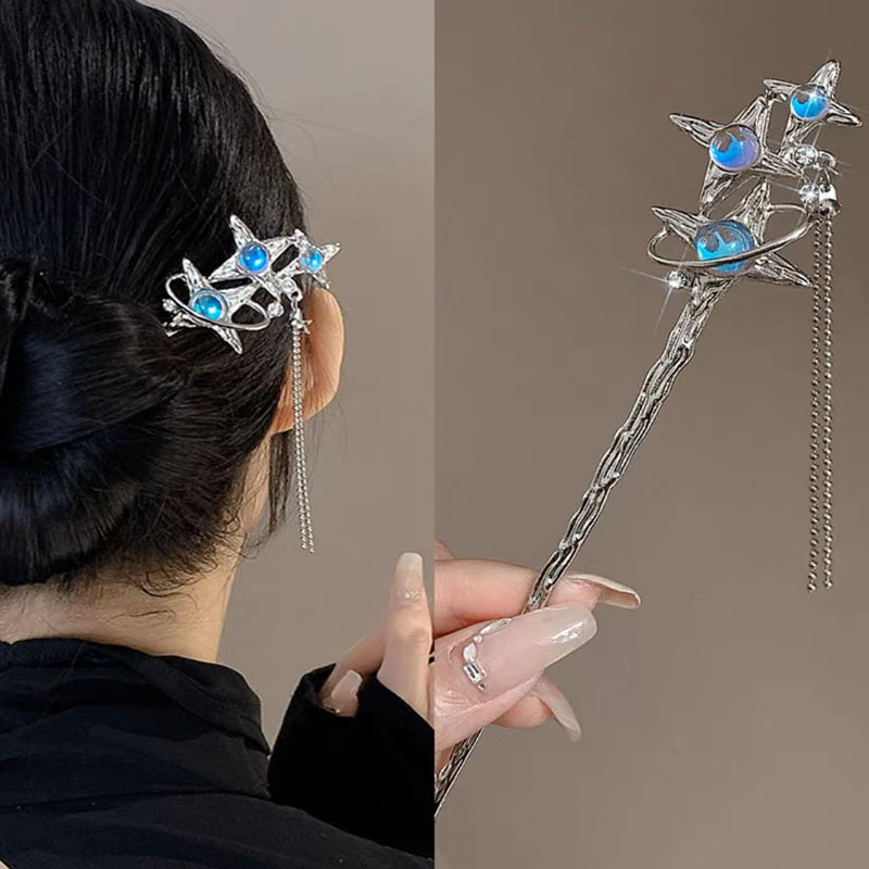 Vintage Moonstone Hair Sticks for Women Retro Chinese Tasssel Hairpin Disk Hairsticks Hair Chopsticks Hair Accessories