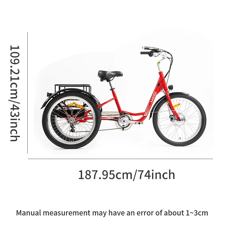 Adult walking electric tricycle, 350W 36V 13AH electric tricycle, 7-speed, 24 inch wheels, 15mph, range 25-40 miles