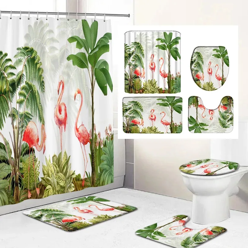 

JMV30Tropical Plants Flamingo Printing Shower Curtain Set for Bathroom Non Slip Bath Mat and Bath Curtain Set Bath Rug Toile5Kn^