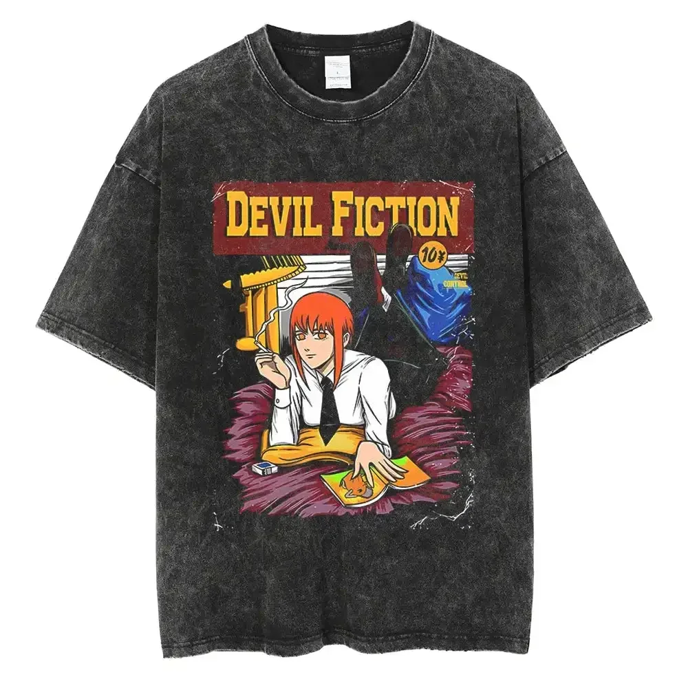 Kettensägenmann Makima Vintage T-Shirt Anime Shirt Vintage Herren T-Shirt Reine Baumwolle Freizeit Sport Harajuku Sommer Neu2025