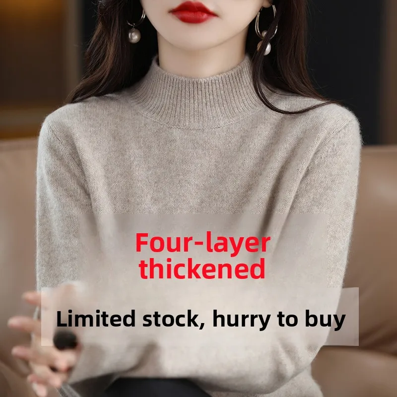 

Winter 2024 Women's Thickened Half High Collar Cashmere Sweater Pure Woolen Knitted Slim Fit Base Layer Shirt Commute Style