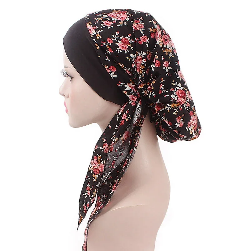 Women Cotton Printed Turban Hats Pastoral Style Muslim Hijab Cap Bandana Elastic Long Hair Band Head Wrap Indian Headscarf Bonnt