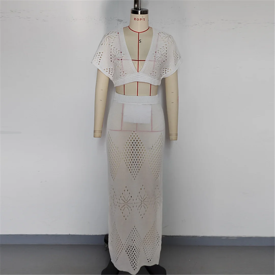 V-Ausschnitt, kurze Ärmel, gehäkeltes Strickmuster, zweiteiliges Set, Strandkleid, Strandmode, Strandbekleidung, Strandüberwurf, Damen, V6703 – Detail 14