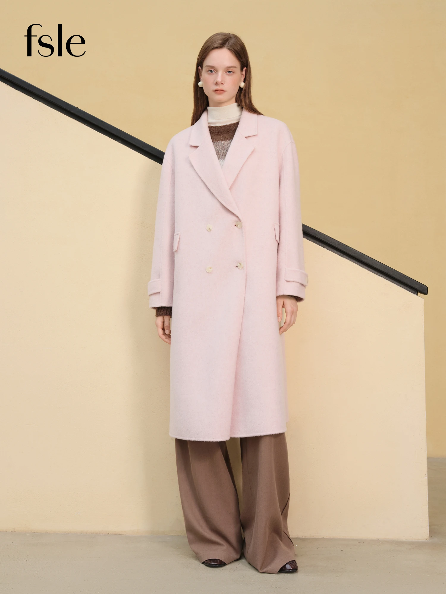 FSLE 2025 Women's Pure Wool Double Breasted Coat - Classic Mid-Length Winter Trench Warm Elegant Overcoat