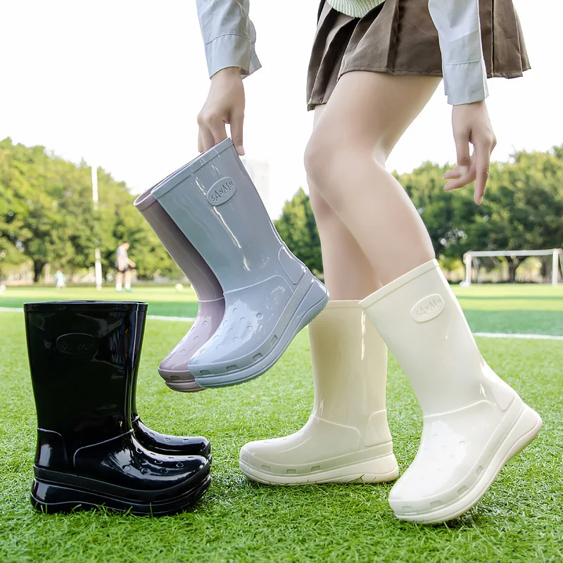 mid-barrel-rain-shoes-women-thick-soled-rubber-waterproof-non-slip-rain-boots-round-toe-heightened-pvc-work-women's-rain-boots