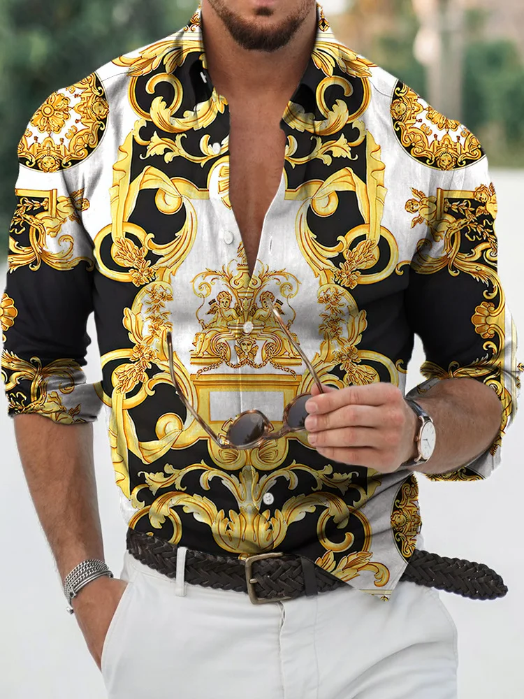 

Baroque 3D Printed Long Sve irt Men's Youth Faion Spring Stand Fit arp Collar Printed Casual irt