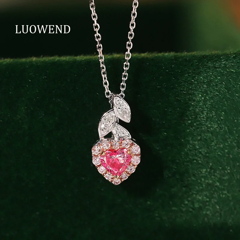 LUOWEND 100% 18K White Gold Necklace Real Natural Pink Diamond Pendant Necklace for Women Romantic Style High Engagement Jewelry