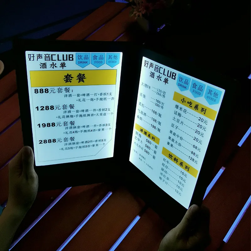

Bar drink list Luminous point single book Nightclub KTV dining bar LED electronic point menu book Charging point book