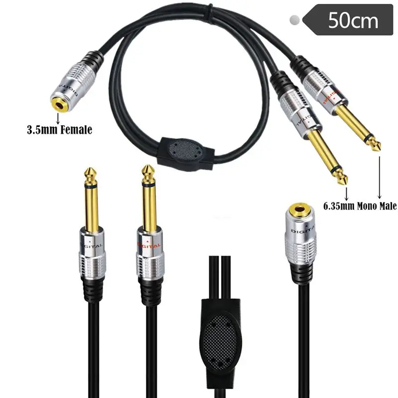 Metal Shell Gold-Plated Head 3.5mm Dual Channel Female To Dual 6.35mm Mono/Stereo Male 1/2 Y-Shaped Adapter Cable