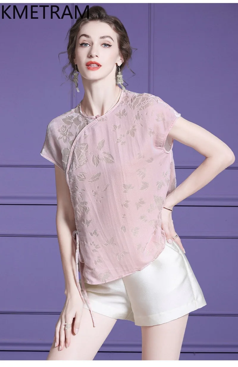 KMETRAM 47% Mulberry Silk Women's T-shirts 2026 Spring Chinese-style Velvet Pink Short-sleeved Tops Woman Clothes Blusa Feminina