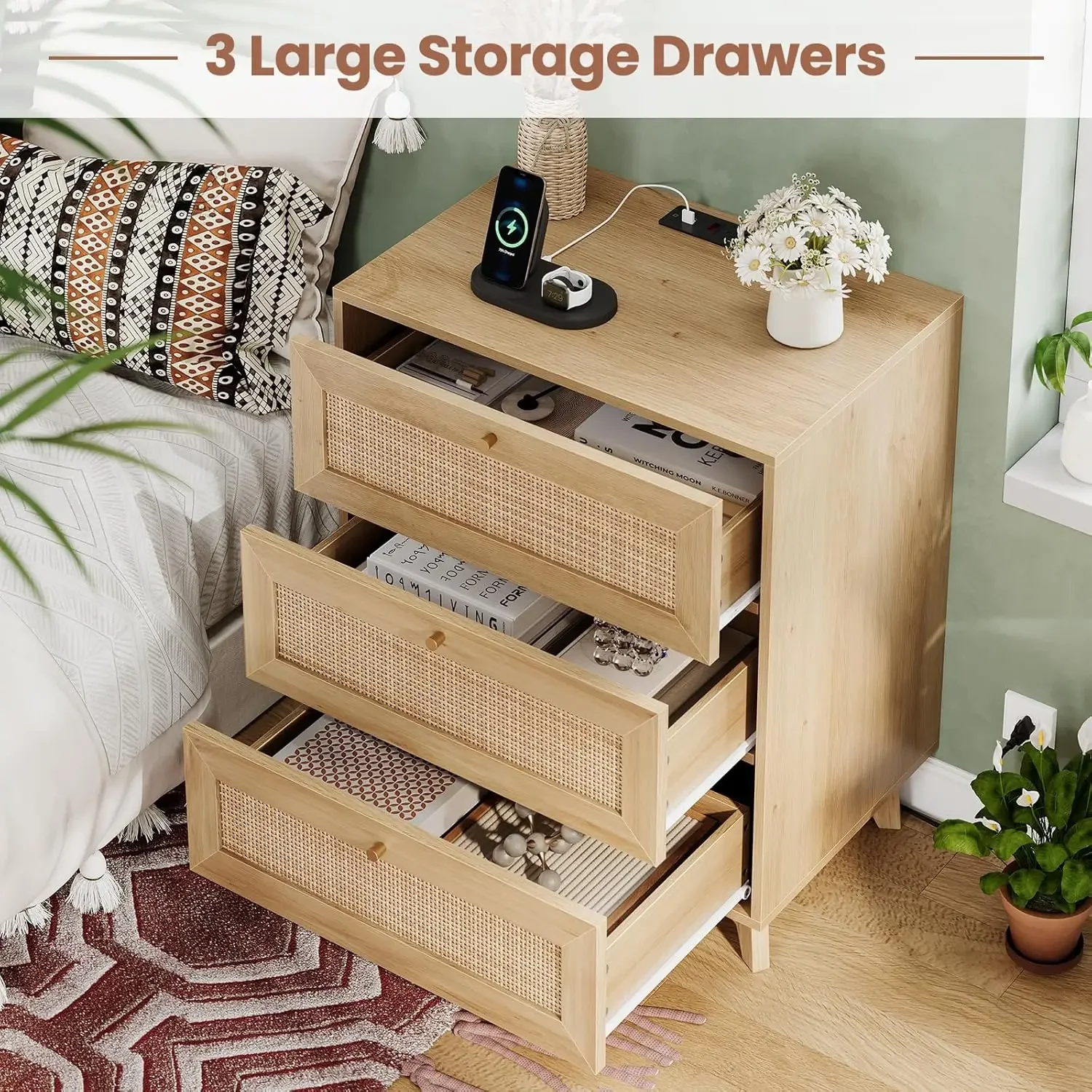 [한정 재고! 충전 스테이션이 있는 라탄 나이트스탠드 2개 세트, 3개의 대형 위커 장식 서랍이 있는 천연 라탄 나이트스탠드