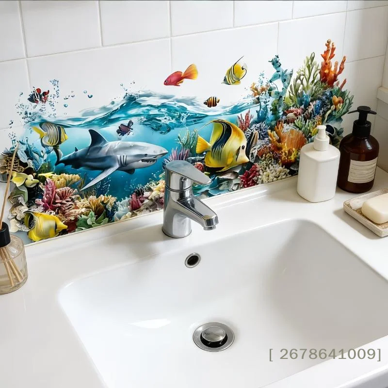 ✔Ocean Fish Sink Area Background Wall Sticker Bathroom Wall Decoration Self-Adhesive Removable Waterproof Creative Sticker