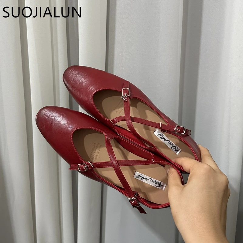 SUOJIALUN Autumn Women Flat Shoes Fashion Round Toe Slip On Ladies Eelgant Mary Jane Shoes Soft Flat Heel Outdoor Dress Boat Sho