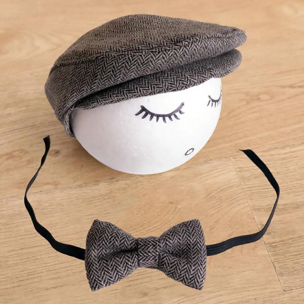 

1 Set Hat Bow Set Baby Newborn Herringbone Peaked Cap Adjustable Lace Up Bow Tie Toddler Photo Photography Prop Outfit 모자 리본 세트