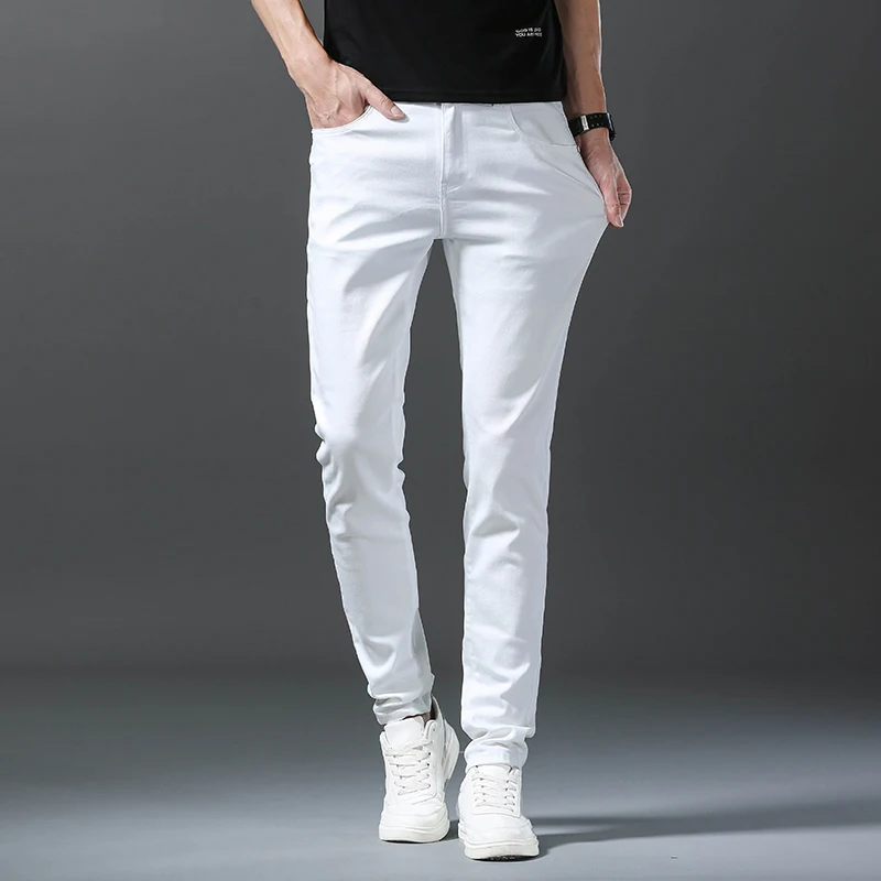 2024 Autumn New White Men\'s Jeans Straight Slim Solid Color Casual Denim Trousers Classic Male Brand Clothing Pants