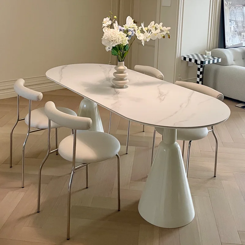 

French cream wind rock board dining table and chairs household minimalist white oval small apartment dining table