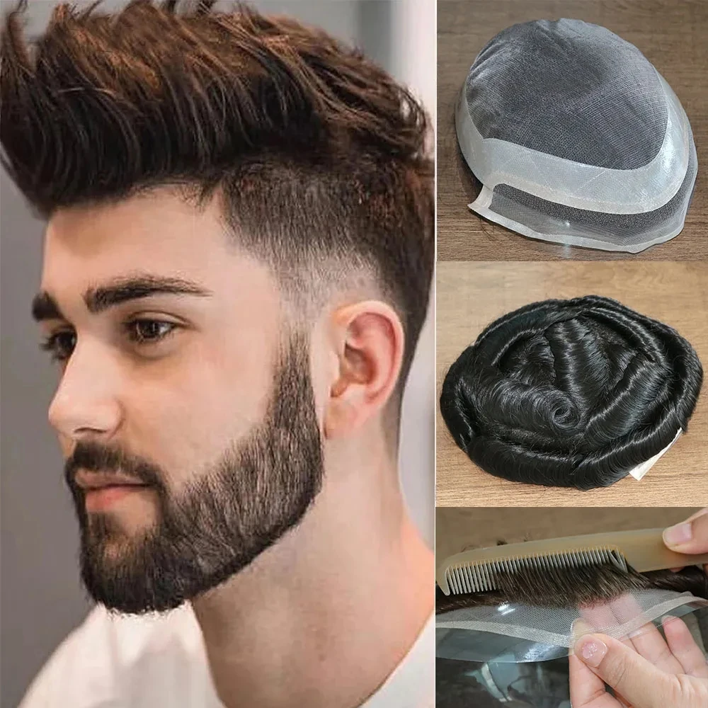 Toupee For Men European Hair Human Hair Men #2 #3 Brown Black Color Mono Lace With Clear Poly Around Hair Piece For Men Systems