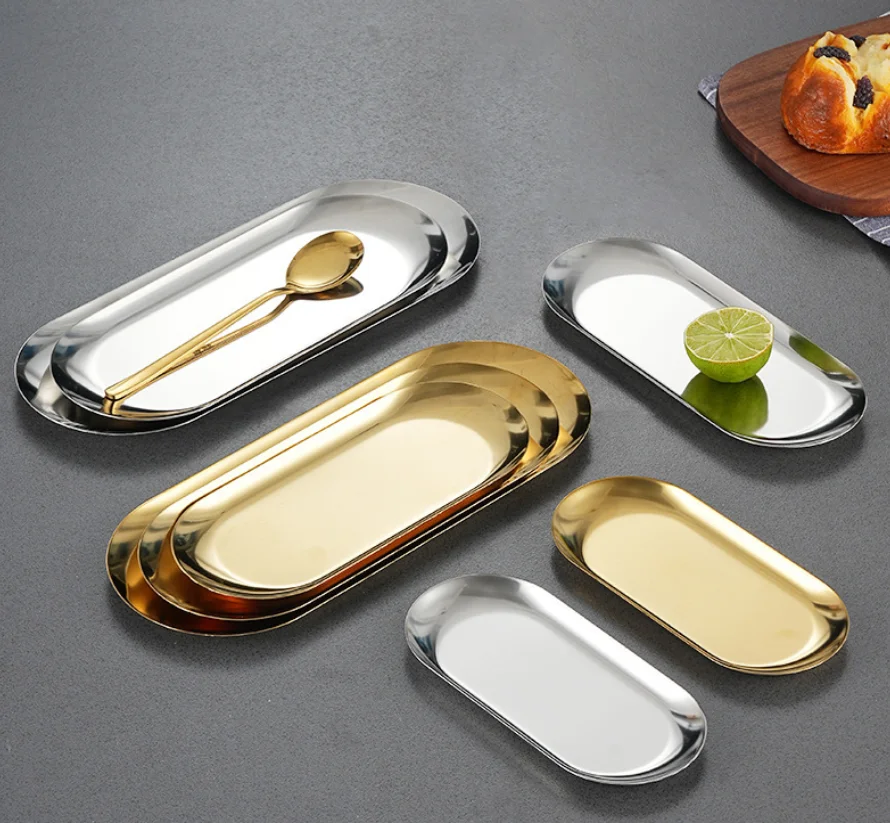 Korean-Style Stainless Steel Oval BBQ Plate Golden Pastry Dish Western Tableware Multi-Purpose Restaurant Quality Towel Tray