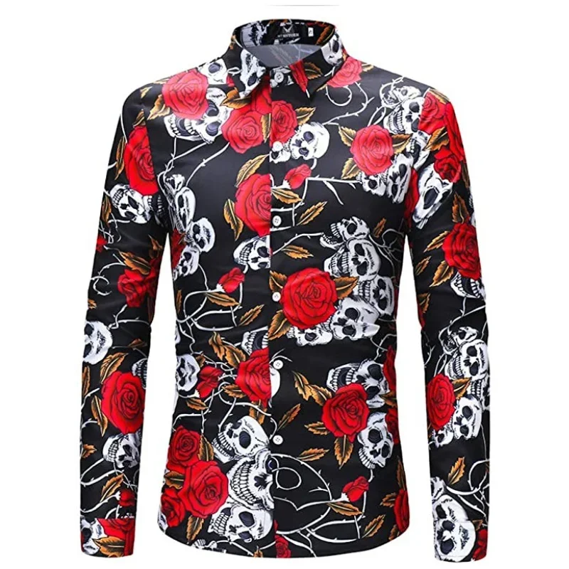 Fashion Floral Skull Rose Flower Men Shirt Party Prom Lapel Long Sleeve Blazer Casual Hot Sale New High Quality Premium Fabric