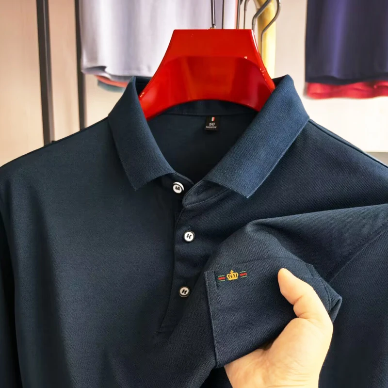

Luxury trend brand men's long sleeved fashion crown embroidered pocket solid color comfort spring autumn business casual T-shirt