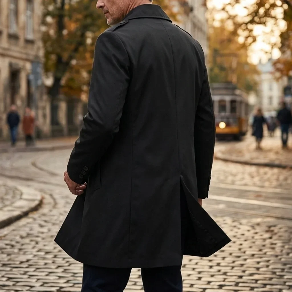 Herbstliche Herren-Windjacke: Dünne, zweireihige Jacke mit Epauletten – Mittellange Outdoor-Reise-Windjacke für Herren – Detail 10